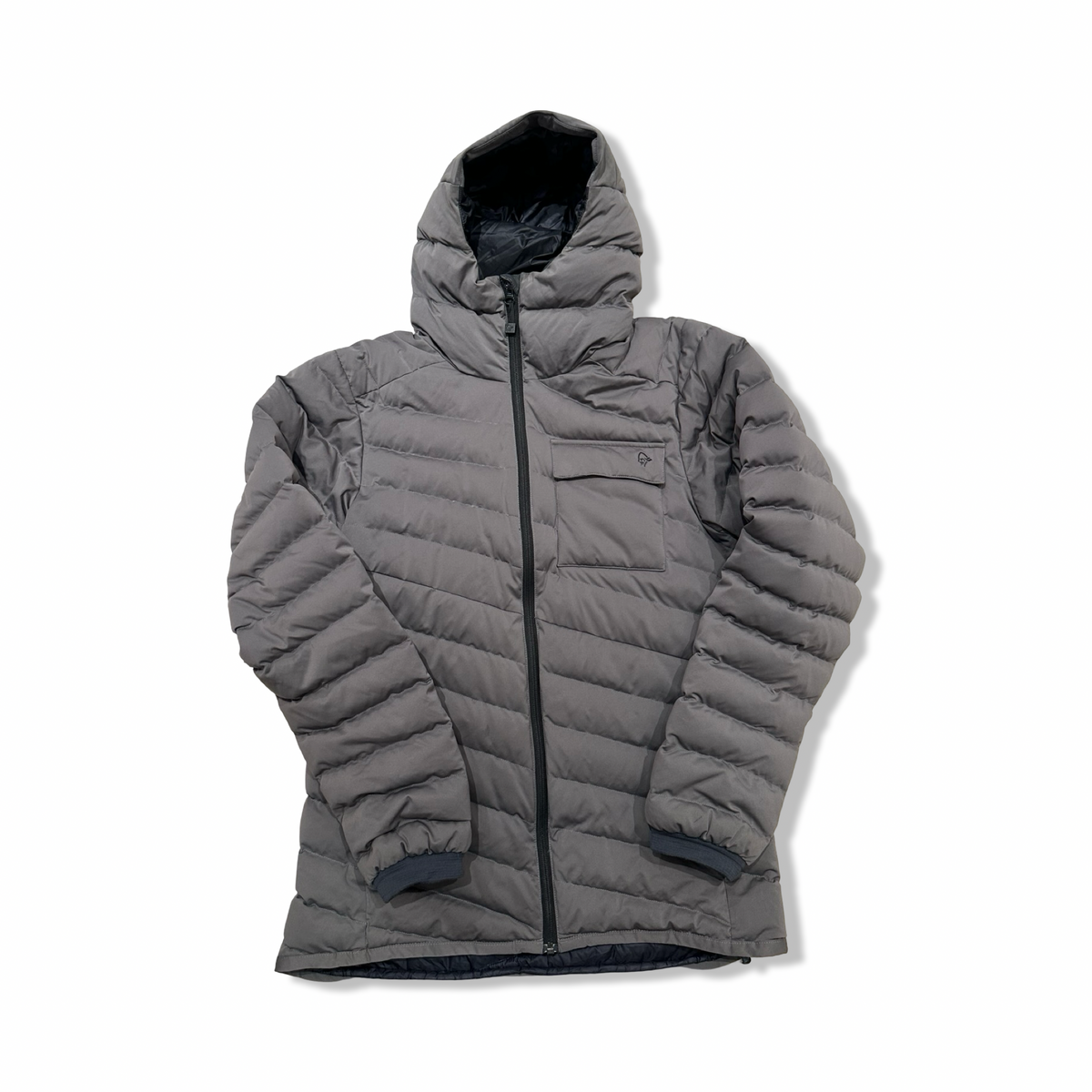 Grey Norröna women's Tamok Light Weight Down750 hooded jacket, front view against a white background.