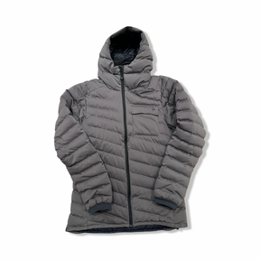 Grey Norröna women's Tamok Light Weight Down750 hooded jacket, front view against a white background.