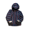 Blue, red, and white striped kids' ski jacket from Helly Hansen with a hood, front view against a white background.