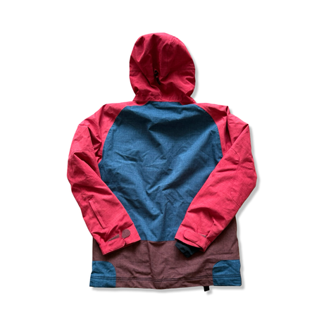 Red and blue O'Neill women's ski jacket with a hood, rear view against a white background.