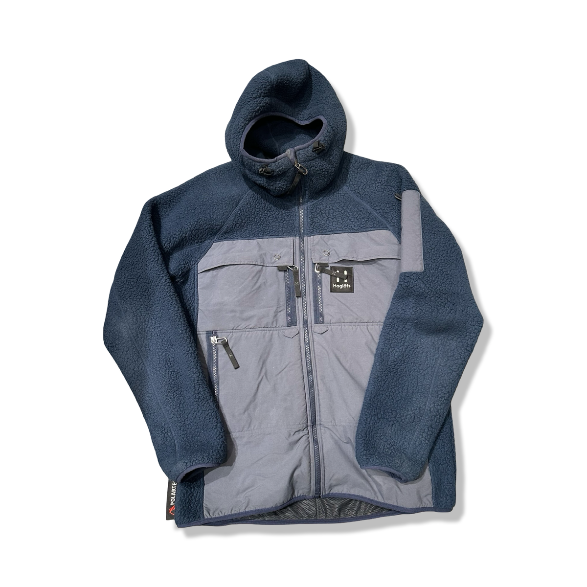 Blå Haglöfs IC3 MTN Fleece fleecejacka för herr med huva, fotograferad framifrån mot vit bakgrund.