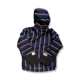 Blue, red and white striped Helly Hansen children's ski jacket with a hood, back view against a white background.