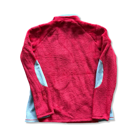Red Patagonia fleece cardigan for women, rear view against white background.