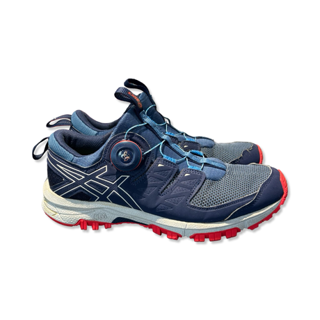 Blue Asics Gel-FujiRado women's trail running shoes with quick-lacing, photographed against a white background.