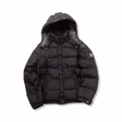 Black Moncler hooded down jacket with zipper, front view against a white background.