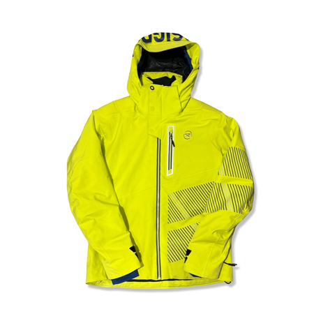 Green and yellow Rossignol women's ski jacket with a hood, front view against a white background.