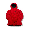 Red Columbia women's down jacket with a hood, front view against a white background.
