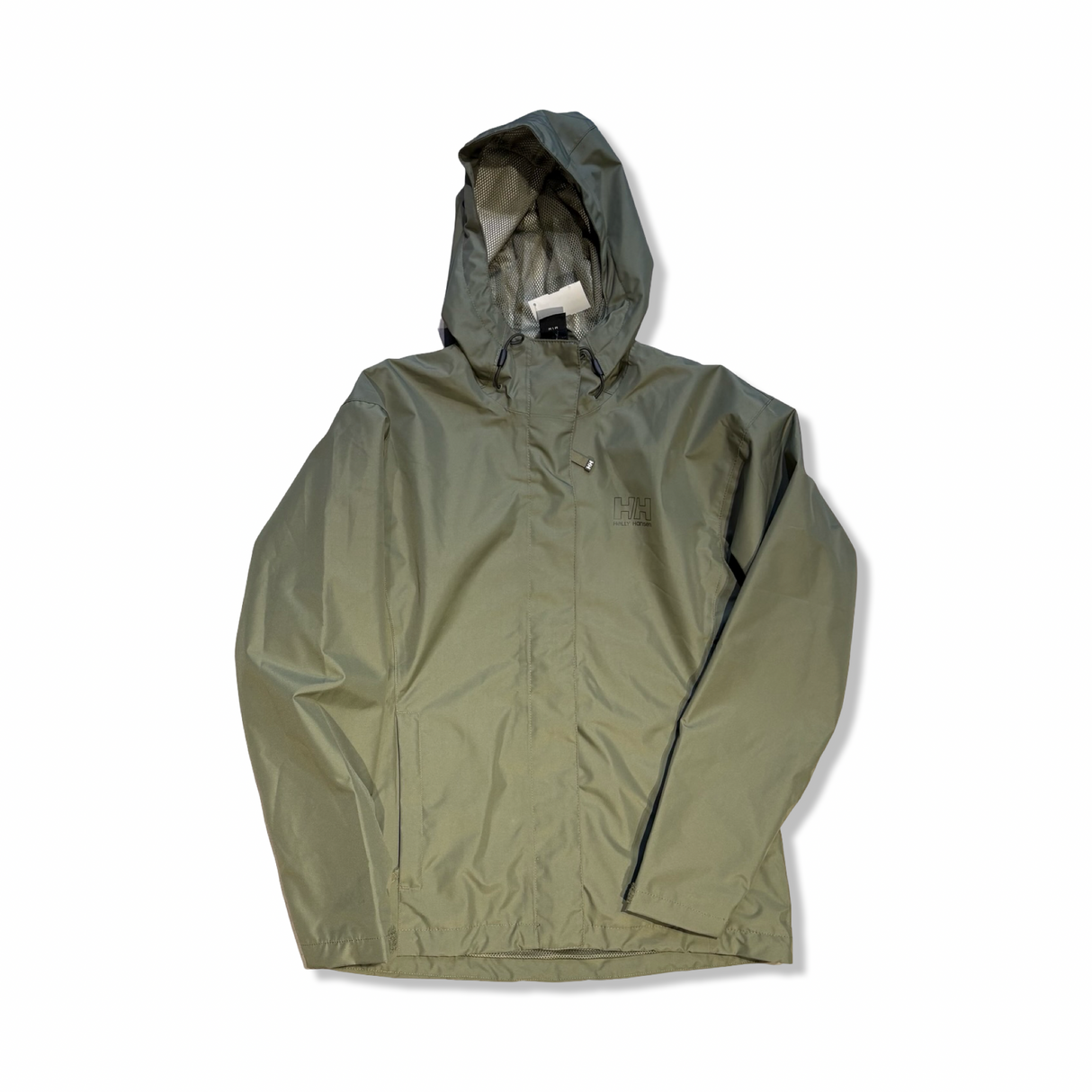 Green Helly Hansen women's shell jacket with a hood, front view against a white background.