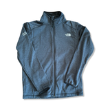 Men’s dark gray The North Face fleece jacket in size M, with full zip and logos on a white background.