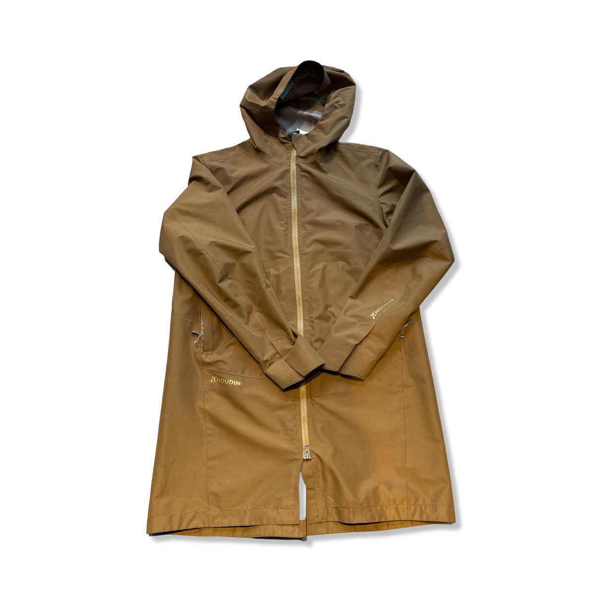 Mustard yellow Houdini men's parkas, front view against a white background.