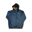 Blue diamond-quilted men's hooded jacket from Patagonia with a chest pocket, shown from the front against a white background.