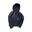 Dark blue Helly Hansen women's ski jacket with a hood, front view against a white background.