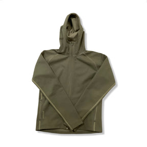 Yellow-green Houdini children's hooded fleece cardigan, front view against a white background.