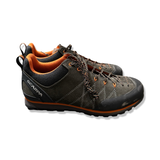 A pair of blue/grey Scarpa men's hiking shoes with orange details, photographed from the side against a white background.