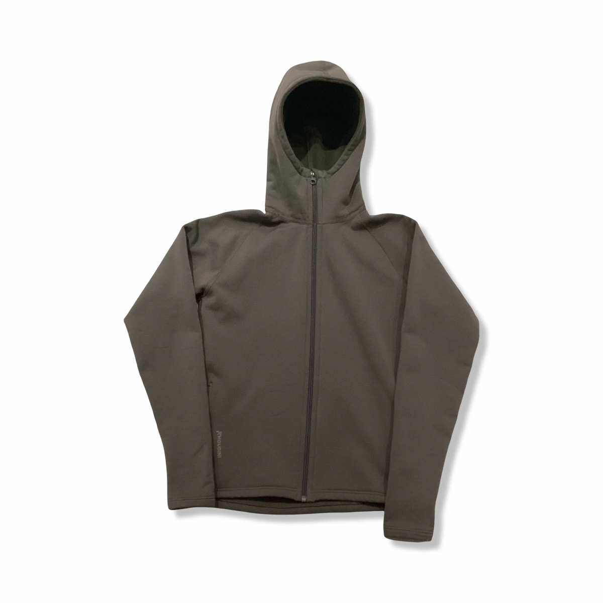 Green Houdini children's Power Houdi fleece cardigan with a hood, front view against a white background.