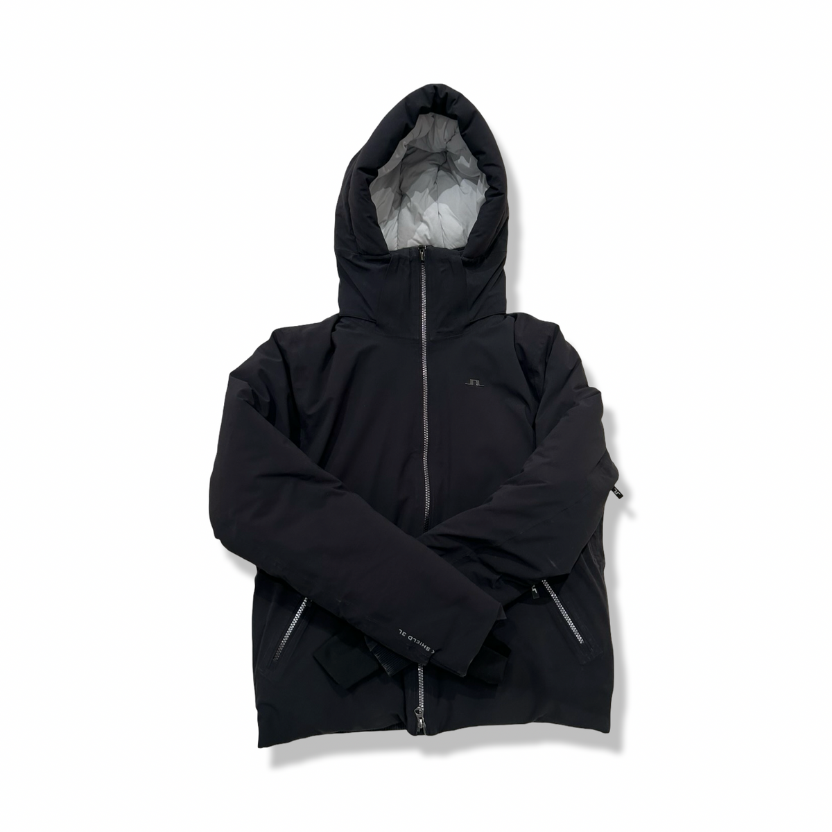 Black J.Lindeberg Astoria women's hooded down jacket, front view against a white background.