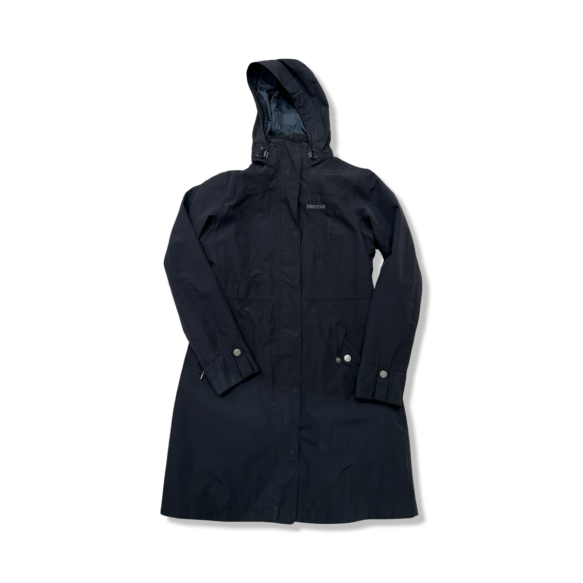 Black Marmot women's hooded shell jacket, front view against a white background.