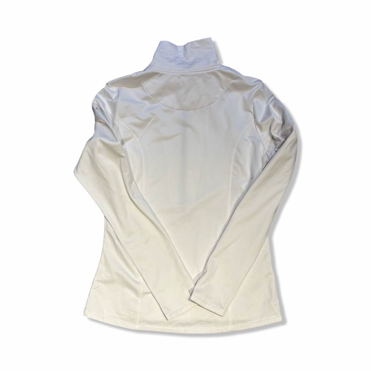 White J.Lindeberg women's fleece sweater with a high collar, back view against a white background.