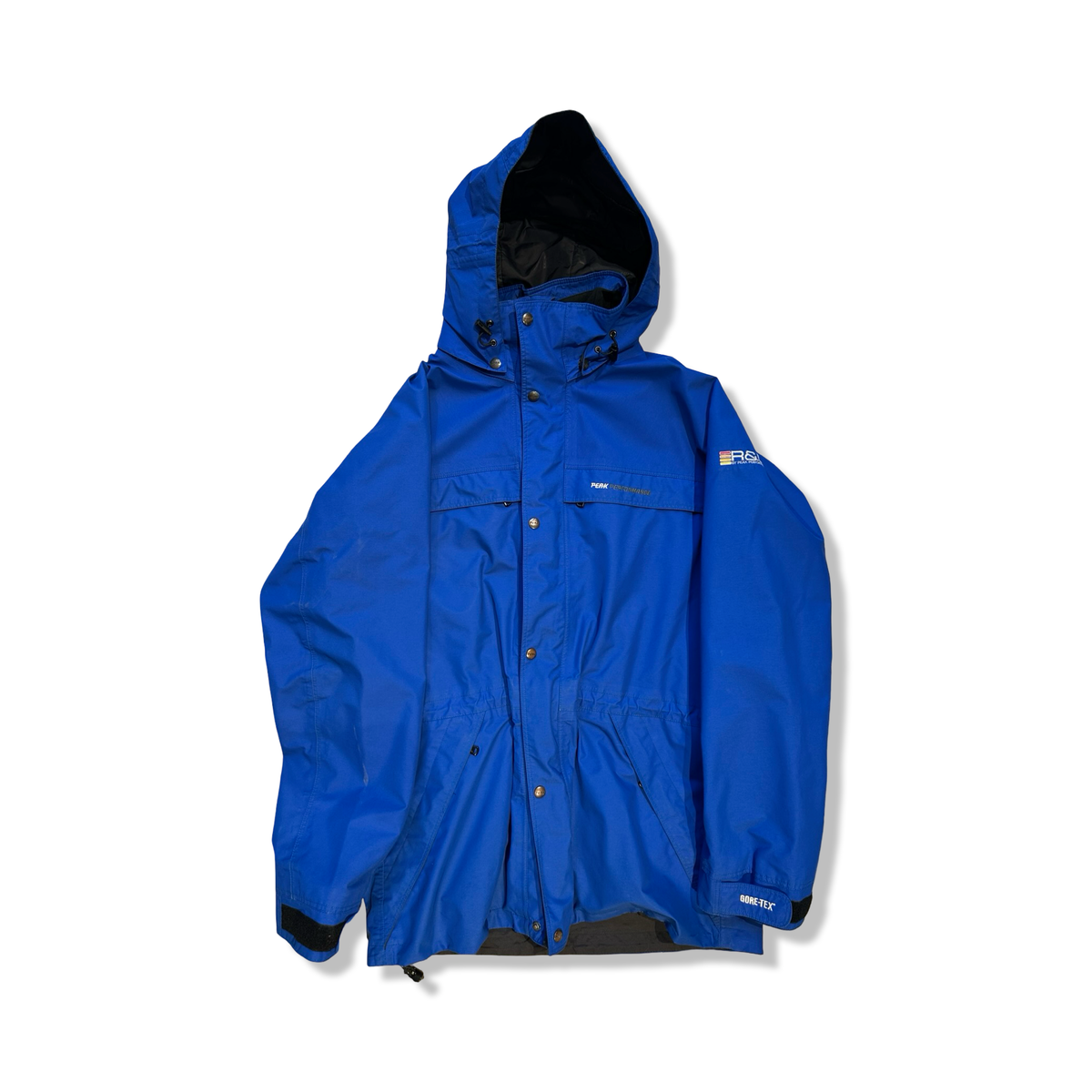 Blue Peak Performance men's RD Long 3L ski jacket with a hood, photographed from the front against a white background.