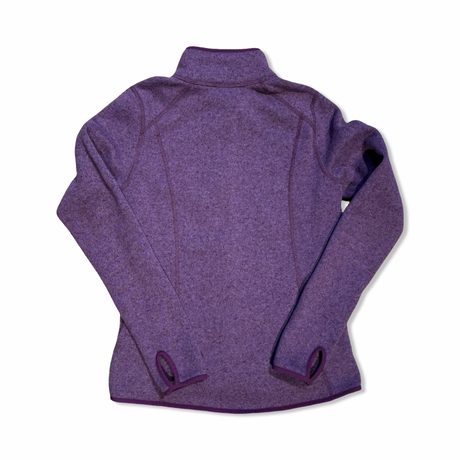 Back view of a purple The North Face women's fleece cardigan against a white background.