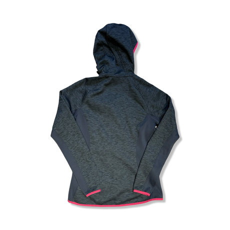 Back view of a grey and pink women's fleece cardigan with a hood by The North Face, photographed against a white background.