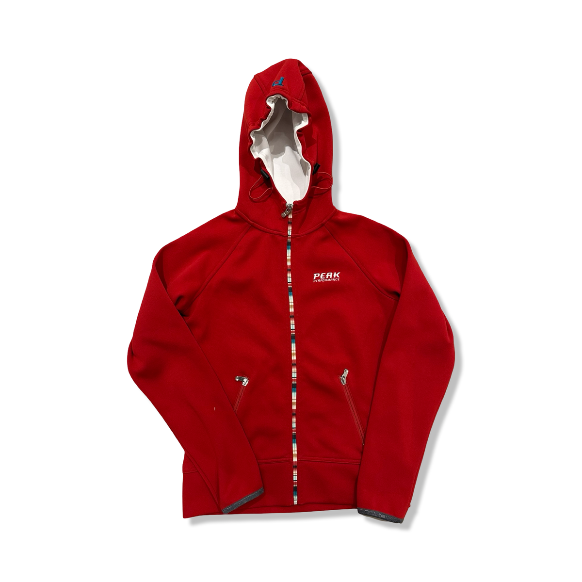 Red Peak Performance hooded athletic top, front view against a white background.