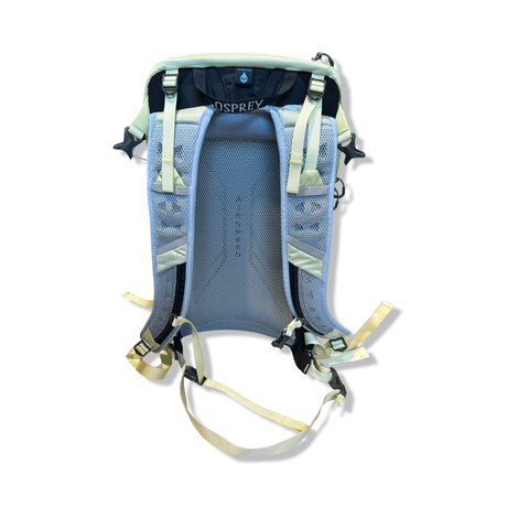 Yellow Osprey HikeLite 26 unisex backpack with a breathable mesh panel, back view against a white background.