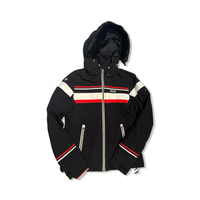 Black 8848 hooded ski jacket with red and white design details, front view against a white background.