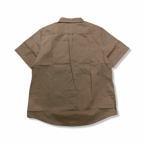Back view of a beige Fjällräven Övik Air Stretch SS short-sleeved men's shirt against a white background.