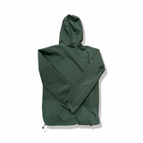 Green Haglöfs hooded shell jacket, back view against a white background.