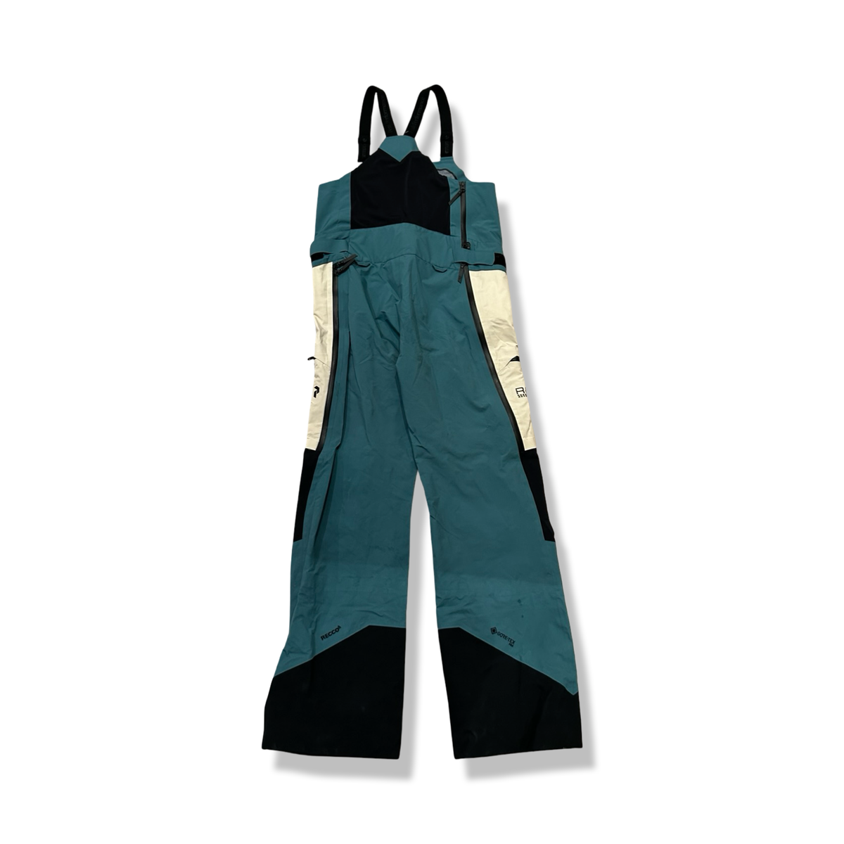 Blue and white shell pants with suspenders from Peak Performance, front view against a white background.