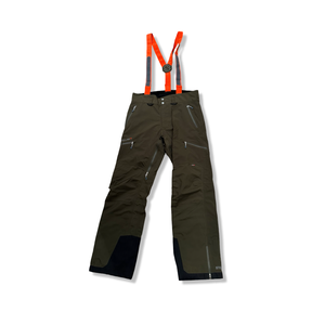 Green Stellar Equipment shell pants with orange suspenders, front view against a white background.