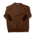 Brown Barbour men's wool sweater with a crew neck and elbow patches, front view against a white background.