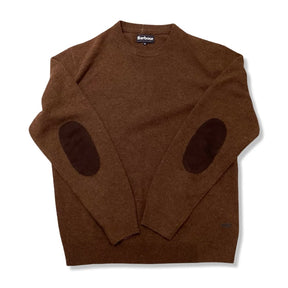 Brown Barbour men's wool sweater with a crew neck and elbow patches, front view against a white background.