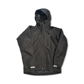 Black Haglgfs women's hooded shell jacket, front view against a white background.