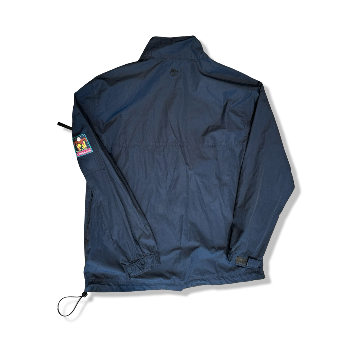 Blue Timberland men's windbreaker jacket in size L, back view against a white background.