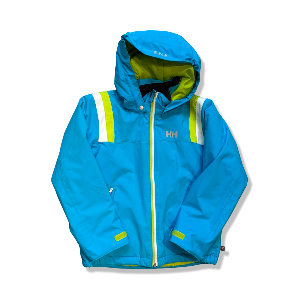 Blå skidjacka från Helly Hansen för barn i storlek 140 med huva, fotograferad framifrån mot en vit bakgrund.