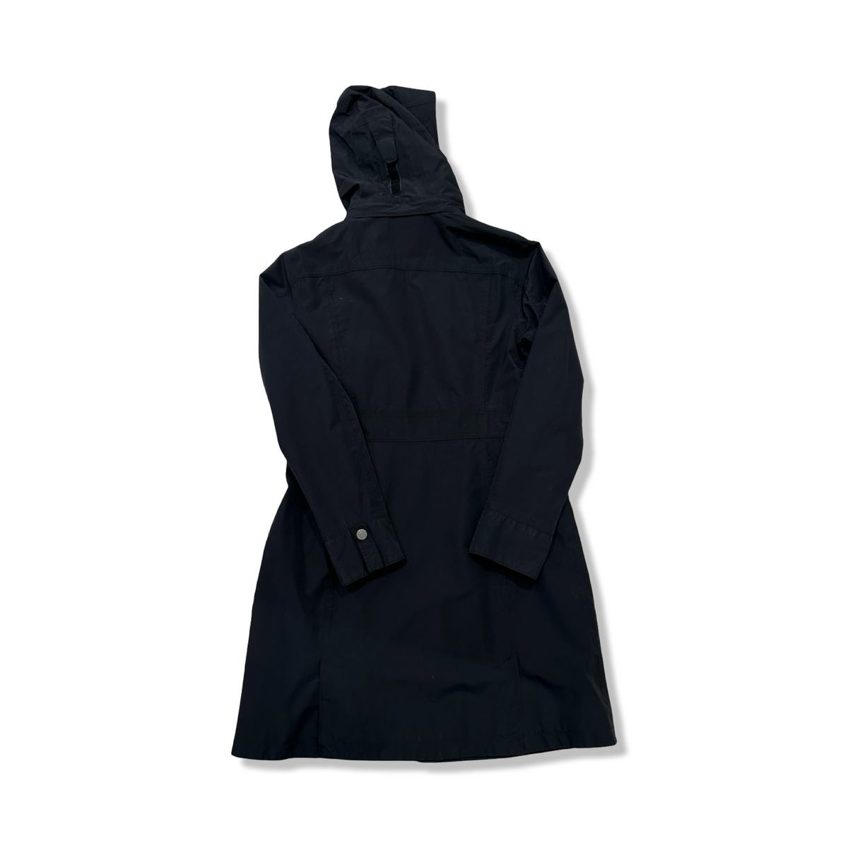 Back view of a black Marmot women's shell jacket against a white background.