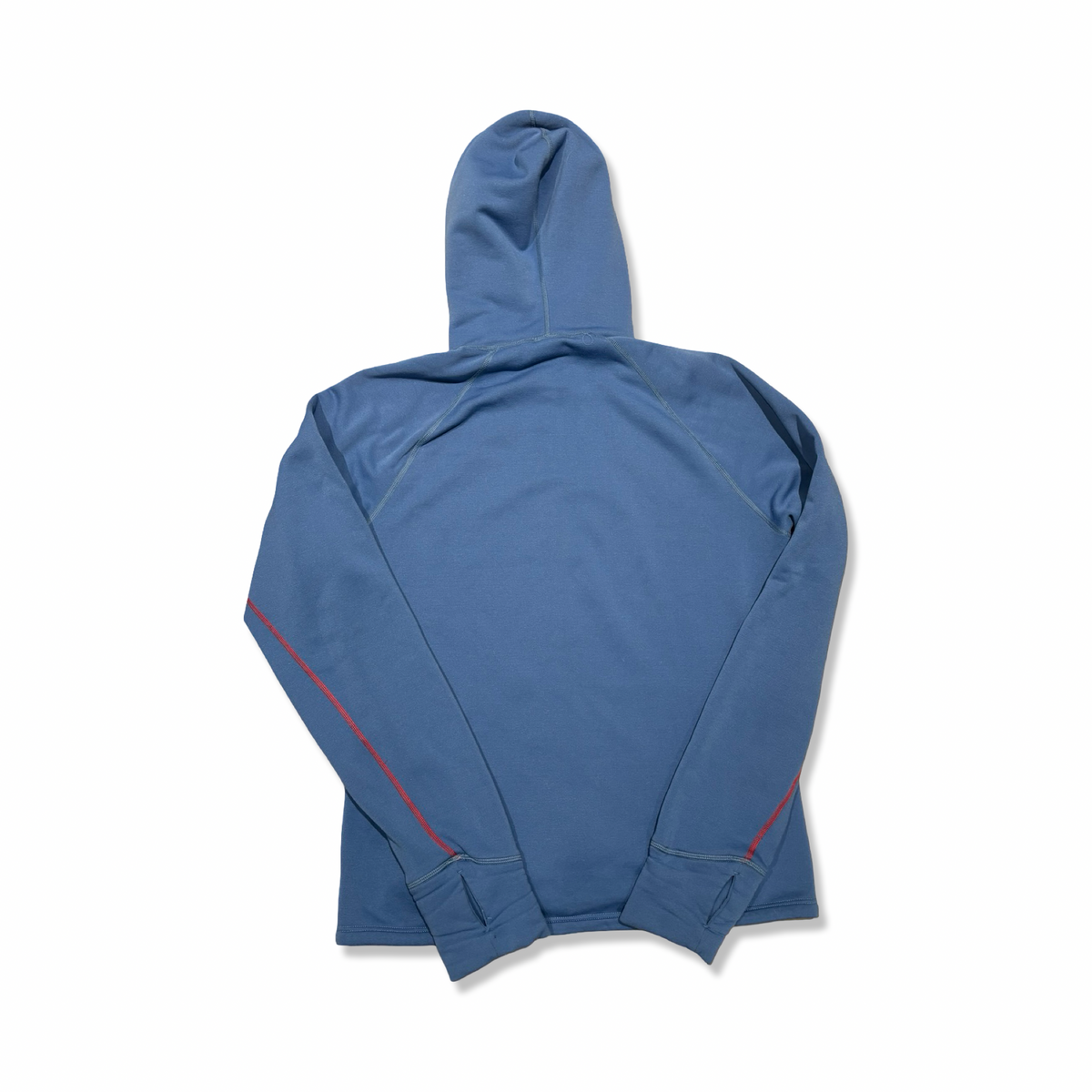 Back view of a blue Houdini men's fleece hoodie against a white background.