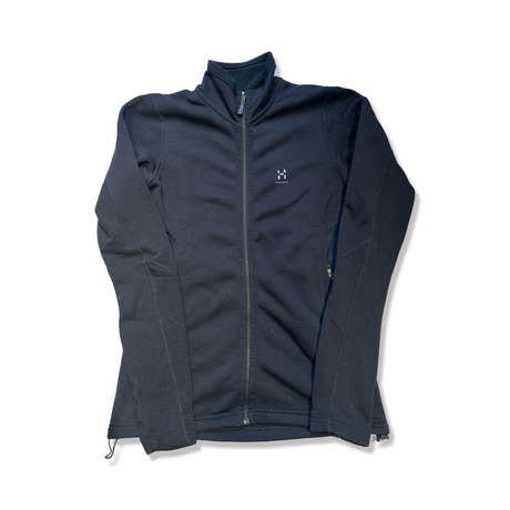 Black Haglöfs women's fleece jacket with a zipper, front view against a white background.