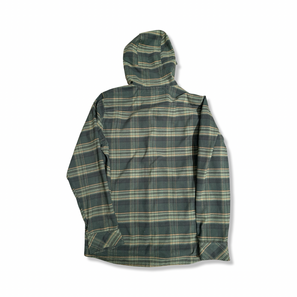 Back view of a green plaid O'Neill men's hooded functional jacket against a white background.