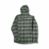 Back view of a green plaid O'Neill men's hooded functional jacket against a white background.