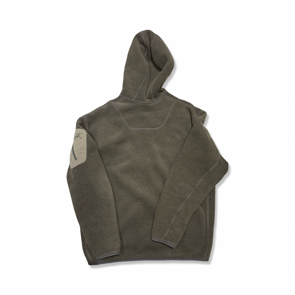 Back view of a brown Arc'teryx men's fleece hoodie against a white background.