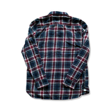 Blue and red plaid men's Vans shirt in size L, photographed from the back against a white background.