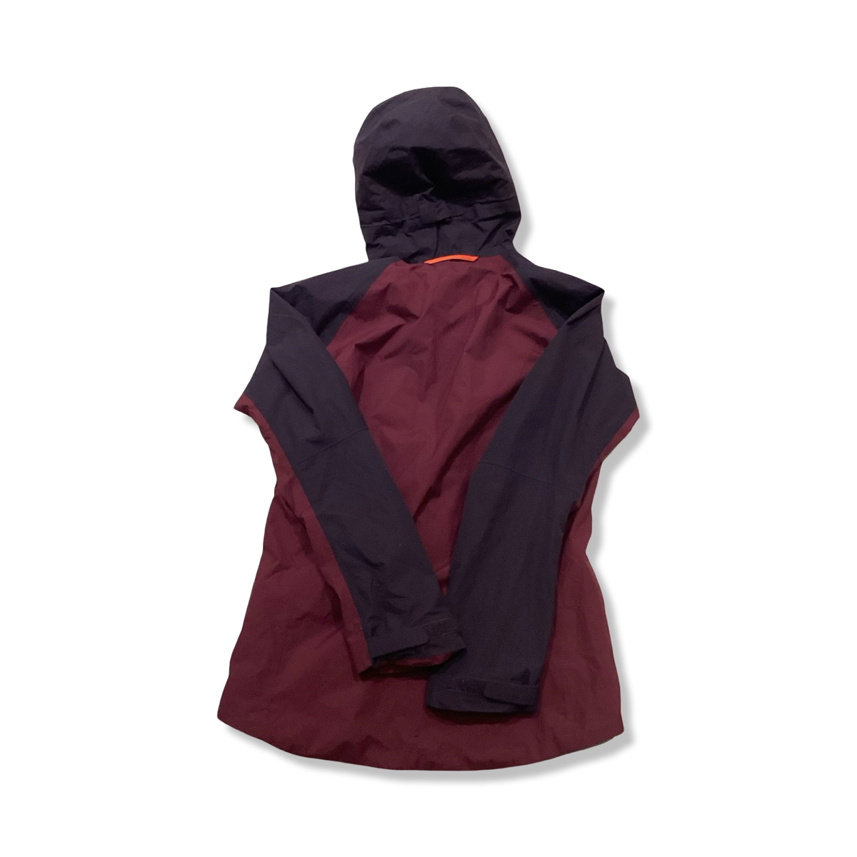 Back view of a maroon Haglöfs women's rain jacket with a hood against a white background.