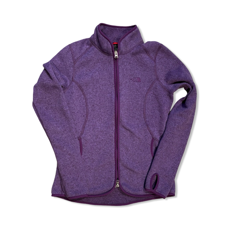 Purple The North Face women's fleece cardigan, front view against a white background.