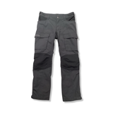 Grey Lundhags kids' hiking trousers with reinforcements on the knees and cargo pockets, front view against a white background.