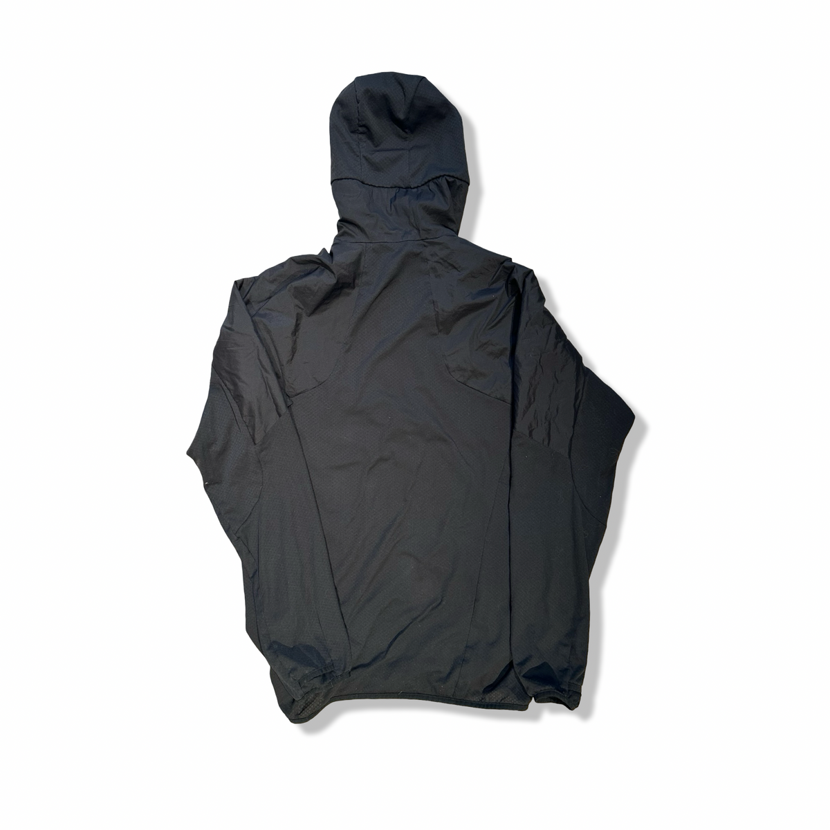 Baksidan av en svart windstopperjacka från Adidas Terrex för herr med huva, fotograferad mot en vit bakgrund.