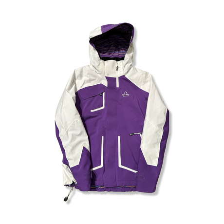 Purple and white SOS women's ski jacket with a hood, front view against a white background.