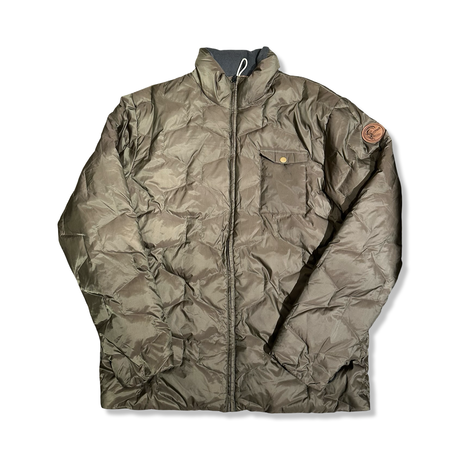 Brown O'Neill men's down jacket with chest pocket and sleeve logo, front view against a white background.